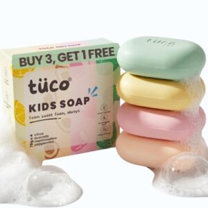 Tuco® Kids Soap Pack of 3+1 (3x75gm+1x75gm) | Dermatologically Tested, Gentle & Nourishing with Natural Vitamin C, Avocado, Marshmallow, Citrus | SLS & Paraben free | Ages 2-5, 5-10, 10-15