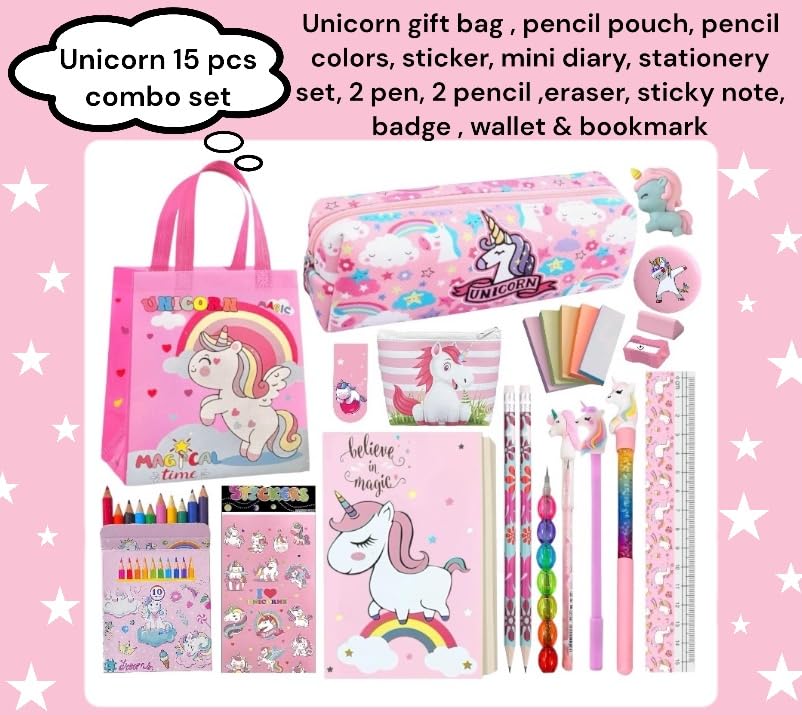 15 Pcs Unicorn Gift Combo Set For Girls Kids Unicorn Theme Gift Bag Stationery Set Age 6-8 Years 10-12 Year I Diary, Stickers, pen, pouch, scale, badge, Eraser, Wallet & Carry Bag - Image 2