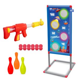 Amazon Brand - Jam & Honey Shooting Game Toy Set for Kids 3+ Years, Toy Gun with Target Stand & 12 Soft Foam Balls, Indoor Shooting Target Game, Blue, BIS Certified Safe