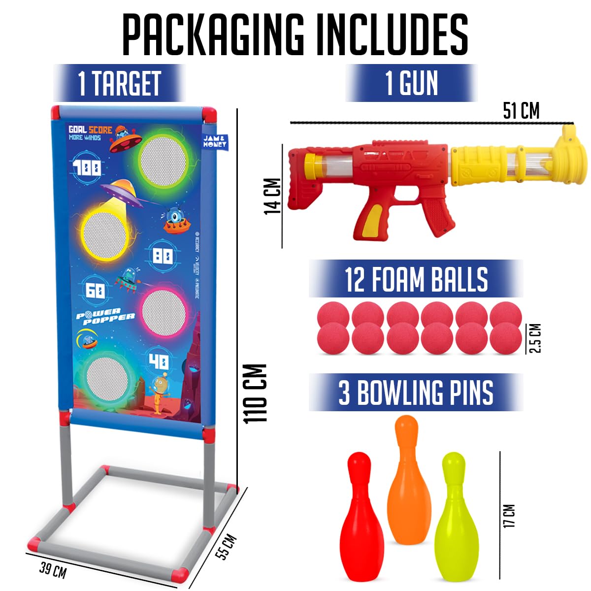 Amazon Brand - Jam & Honey Shooting Game Toy Set for Kids 3+ Years, Toy Gun with Target Stand & 12 Soft Foam Balls, Indoor Shooting Target Game, Blue, BIS Certified Safe - Image 3