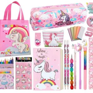 15 Pcs Unicorn Gift Combo Set For Girls Kids Unicorn Theme Gift Bag Stationery Set Age 6-8 Years 10-12 Year I Diary, Stickers, pen, pouch, scale, badge, Eraser, Wallet & Carry Bag