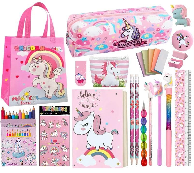 15 Pcs Unicorn Gift Combo Set For Girls Kids Unicorn Theme Gift Bag Stationery Set Age 6-8 Years 10-12 Year I Diary, Stickers, pen, pouch, scale, badge, Eraser, Wallet & Carry Bag