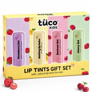 Tuco® Kids Lip Tint Gift Set for Girls | 3 Lip Tint & 1 Lip Balm | Made with 100% Natural Oils & Waxes | Free from Mineral Oils, Synthetic Fragrance and Parabens | Return Birthday Gift for 4-15 Yrs | Travel Friendly & Cruelty-Free