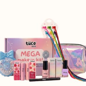 Tuco® Kids Mega Makeup Kit for Girls | Organic Safe Makeup Kit | Gift for 3 4 5 6 7 8 9 10 11 12-15 Years | Non-Toxic Lip Balm Tint, Kajal, Nail Paint | Press-on Nails, Colored Hair Extension, Pouch