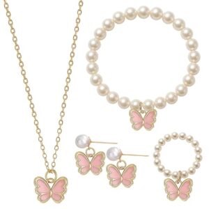 squishy 5 PCS Kids Necklace Set for Girls, Pearl Butterfly Jewelry Set with Necklace, Bracelet, Ring and Earrings, Suitable for Birthday Parties, Themed Celebrations, Dress-Up Play and Daily Fashion