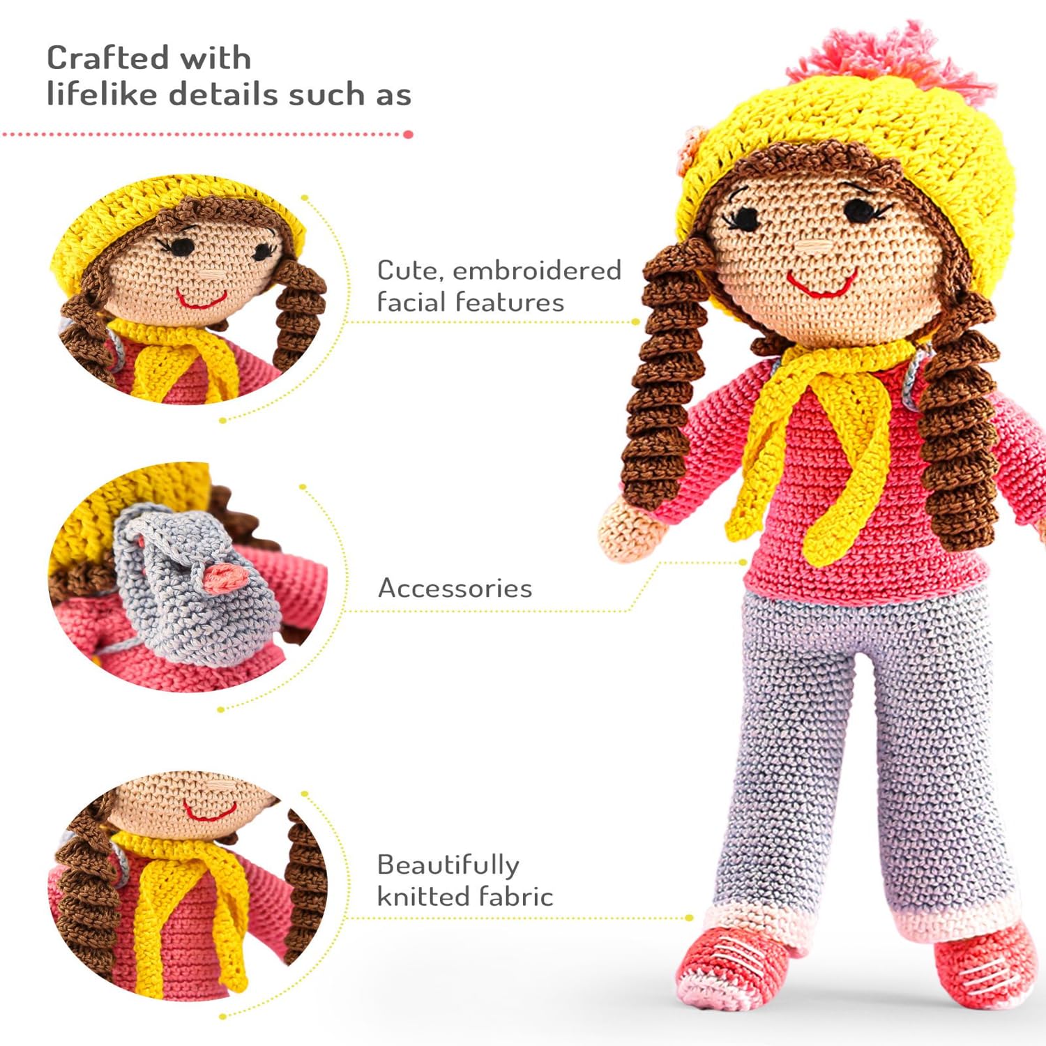 Bonfino Premium Crochet Doll with Bag for Girls & Boys, Cute Knitted Cotton Doll for Babies, Baby Doll for Kids, Soft Toys, 6+ Months, Birthday Gift, Height 27 cm, Pink & Blue (Miss Judy) - Image 3