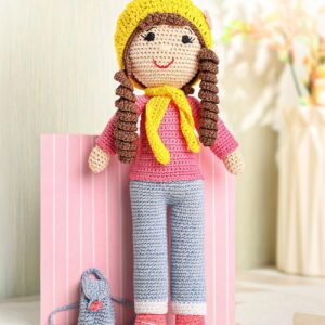 Bonfino Premium Crochet Doll with Bag for Girls & Boys, Cute Knitted Cotton Doll for Babies, Baby Doll for Kids, Soft Toys, 6+ Months, Birthday Gift, Height 27 cm, Pink & Blue (Miss Judy)
