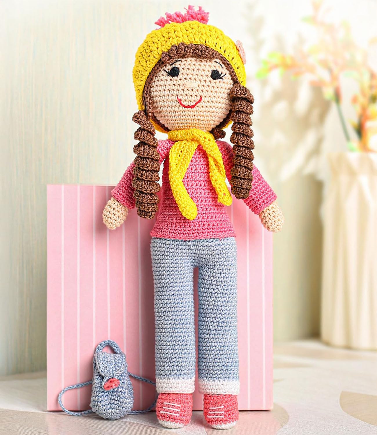 Bonfino Premium Crochet Doll with Bag for Girls & Boys, Cute Knitted Cotton Doll for Babies, Baby Doll for Kids, Soft Toys, 6+ Months, Birthday Gift, Height 27 cm, Pink & Blue (Miss Judy)
