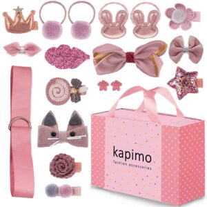 kapimo 18 Pcs Hair Clips for Baby Girls Toddlers Kids Fancy Cartoon Hair Accessories Bands Bows Ties Gift Set Box (Dark Pink)