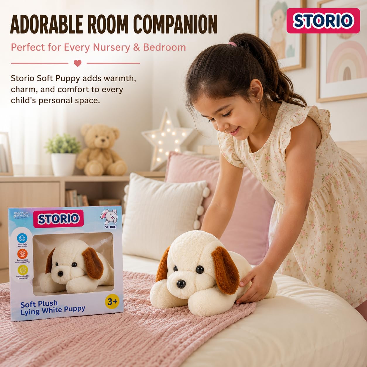 Storio Soft Plush Lying White Puppy Stuffed Animal | Kids Animal Home Decor for Boys & Girls Soft Dog Plush Toy - 25cm - Image 3