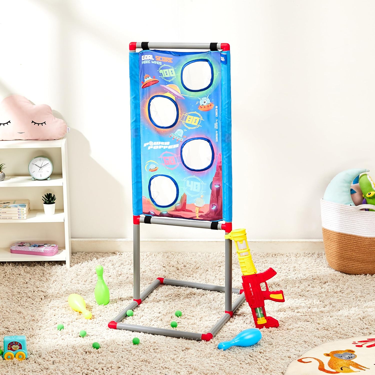Amazon Brand - Jam & Honey Shooting Game Toy Set for Kids 3+ Years, Toy Gun with Target Stand & 12 Soft Foam Balls, Indoor Shooting Target Game, Blue, BIS Certified Safe - Image 2